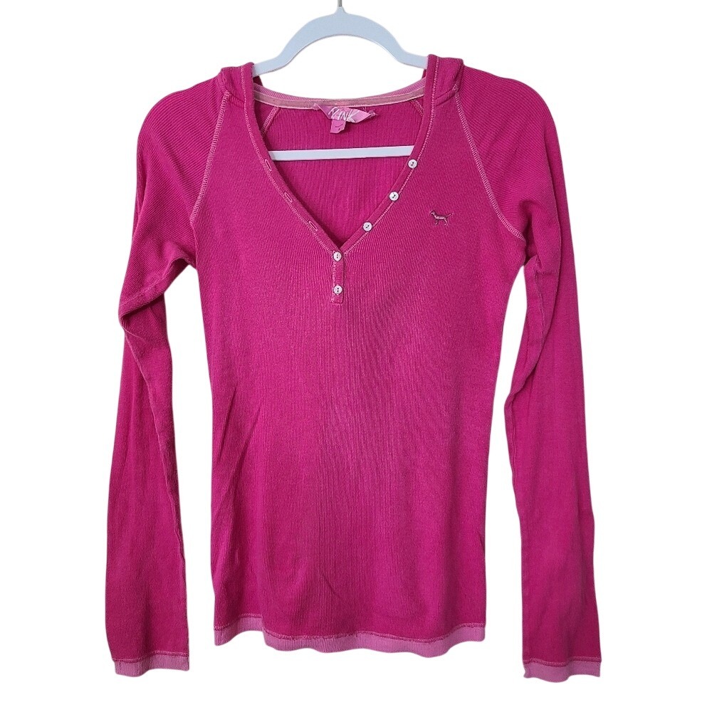 Y2K Victorias Secret Pink Henley Long Sleeve Hoodie Coquette Girl‎ Whimsy Twee